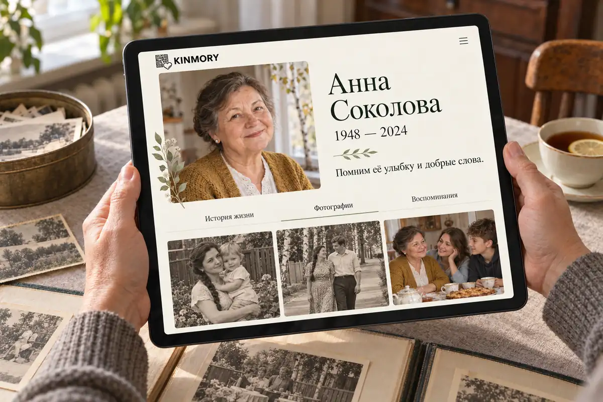 Планшет со страницей памяти Анны Соколовой, её портретом и семейными фотографиями, под ним открытый альбом