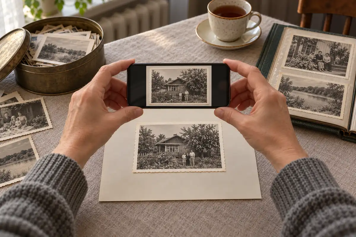 Руки держат телефон параллельно старой фотографии деревянного дома с яблоней, на экране виден тот же снимок
